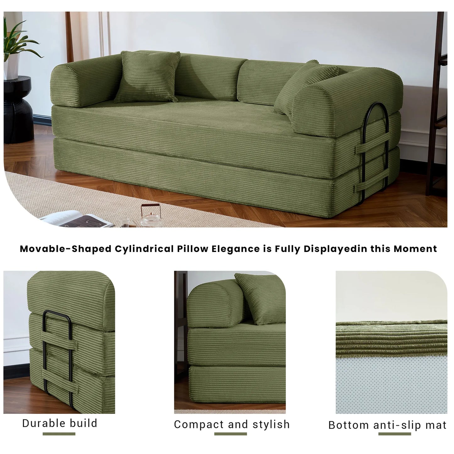 79’’ Folding  Corduroy Upholstered Convertible Sofa Bed  Boneless Couch