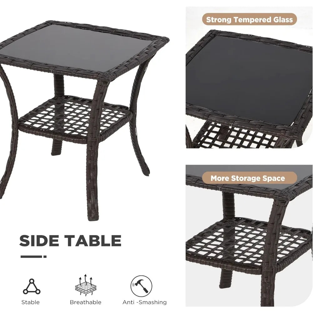 3 Piece Outdoor  Wicker Patio Bistro Set with Thickened 25D Cushions and Glass Coffee Table, Swiveling Chairs