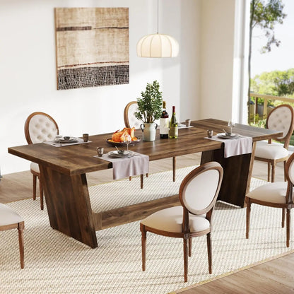 Rectangular Rustic Long  Farmhouse Kitchen Table with Solid Pedestal for Big Family