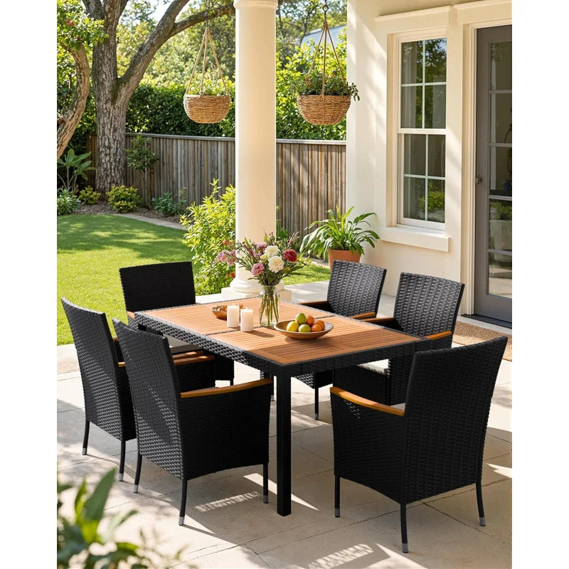 7 Piece Acacia Wood Patio Dining Furniture Set, Wicker Chairs with Comfort Cushions