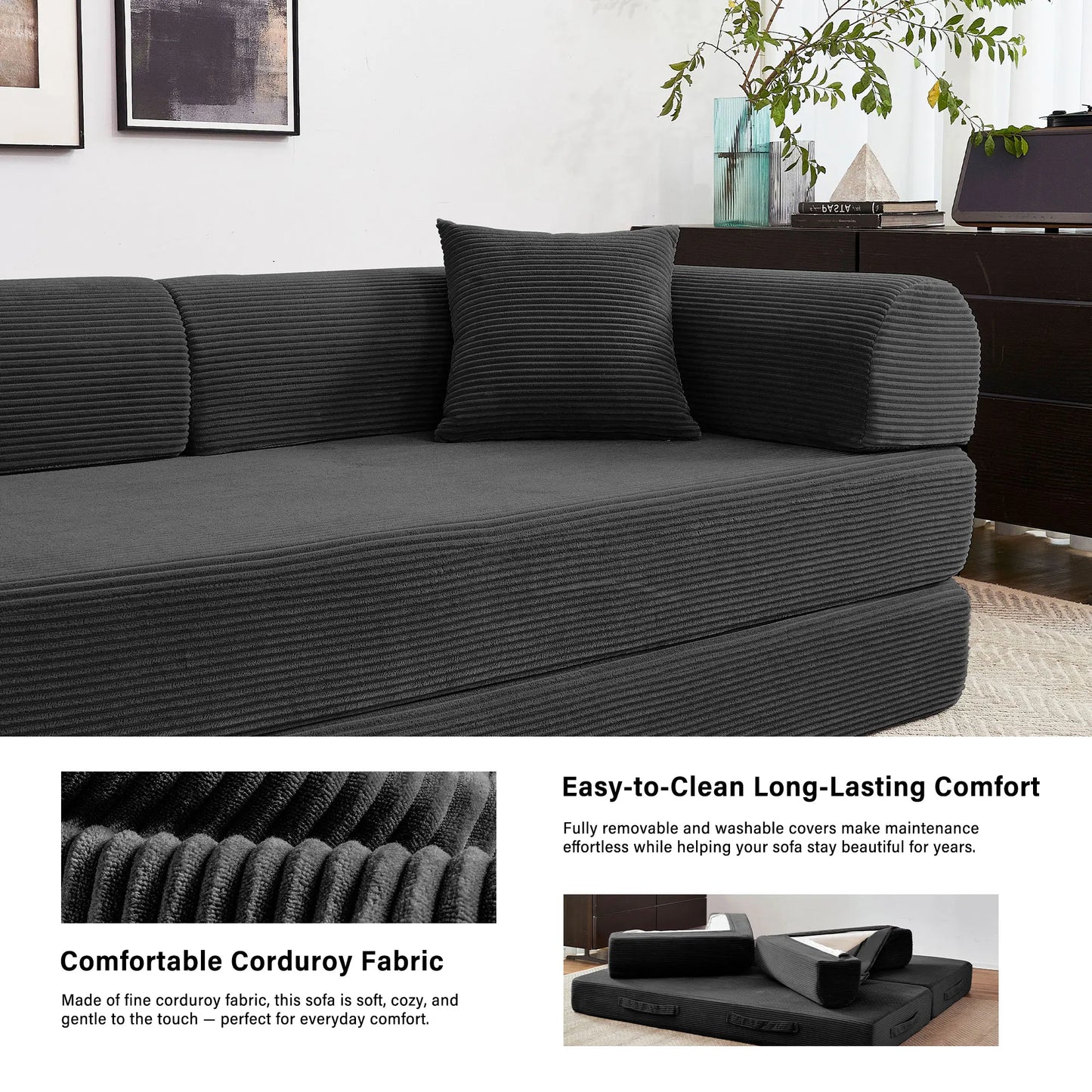 79''  Foldable Convertible Futon Sleeper Sofa Bed with L-Shaped Armrests for Living Room