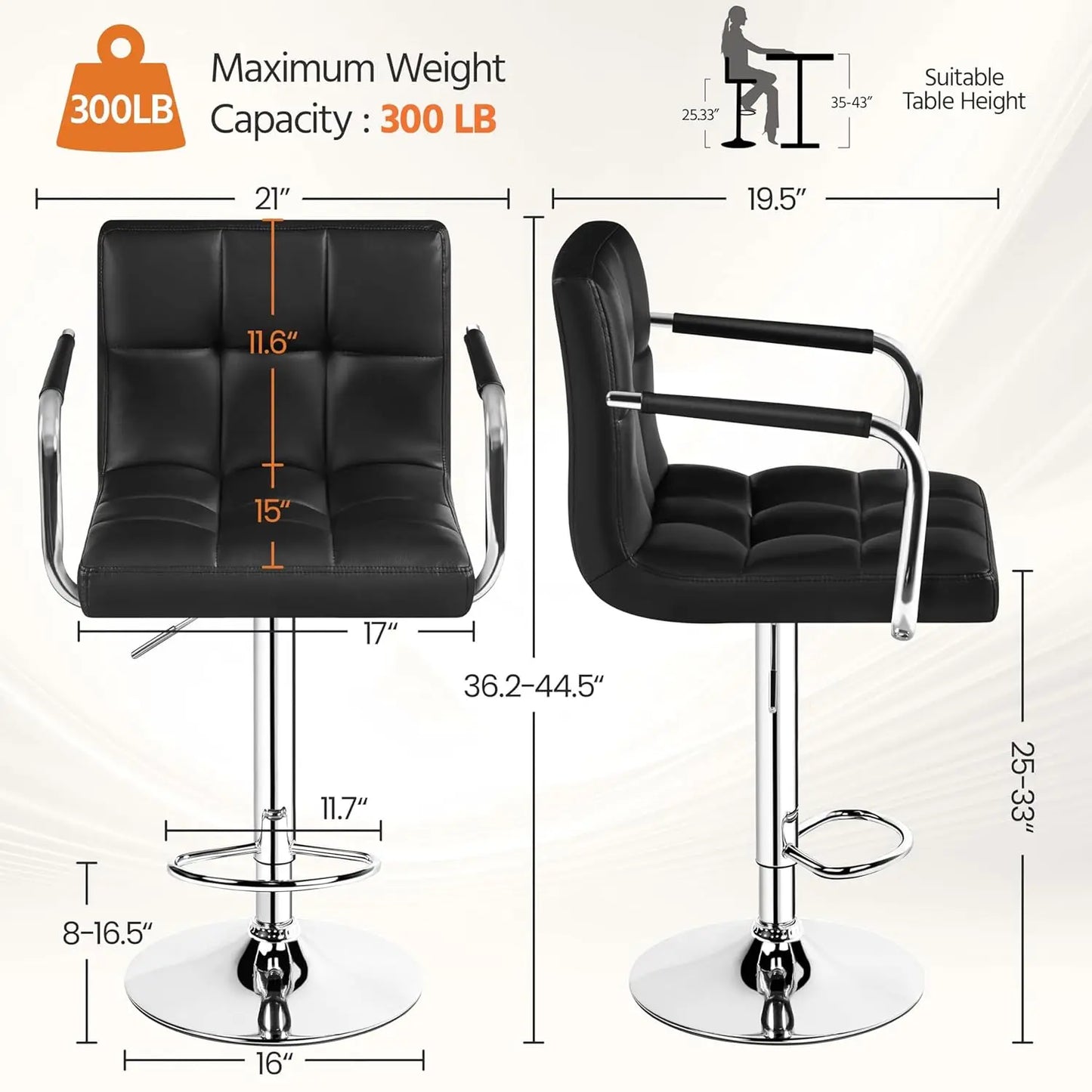 Counter Height Bar Stools Set of 4, PU Leather Adjustable Barstools with Armrest, with Thickened Seat