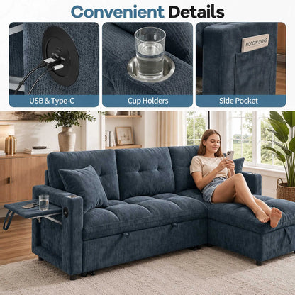 L-Shaped Sleeper Sofa with Pull Out Bed, Convertible Sectional Couch with Storage Chaise, USB/Type-C Charging and Cup Holders, Plush Chenille Modular Sofa for Living Room, Blue