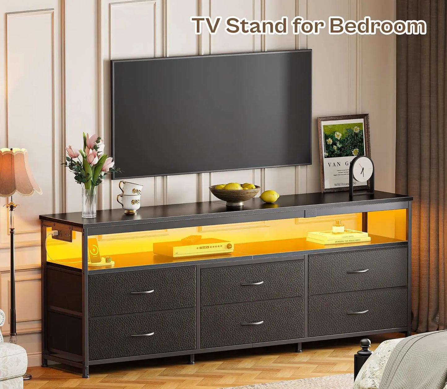 63 Inch LED TV Stand with Power Outlets, Fabric Drawers TV Stand