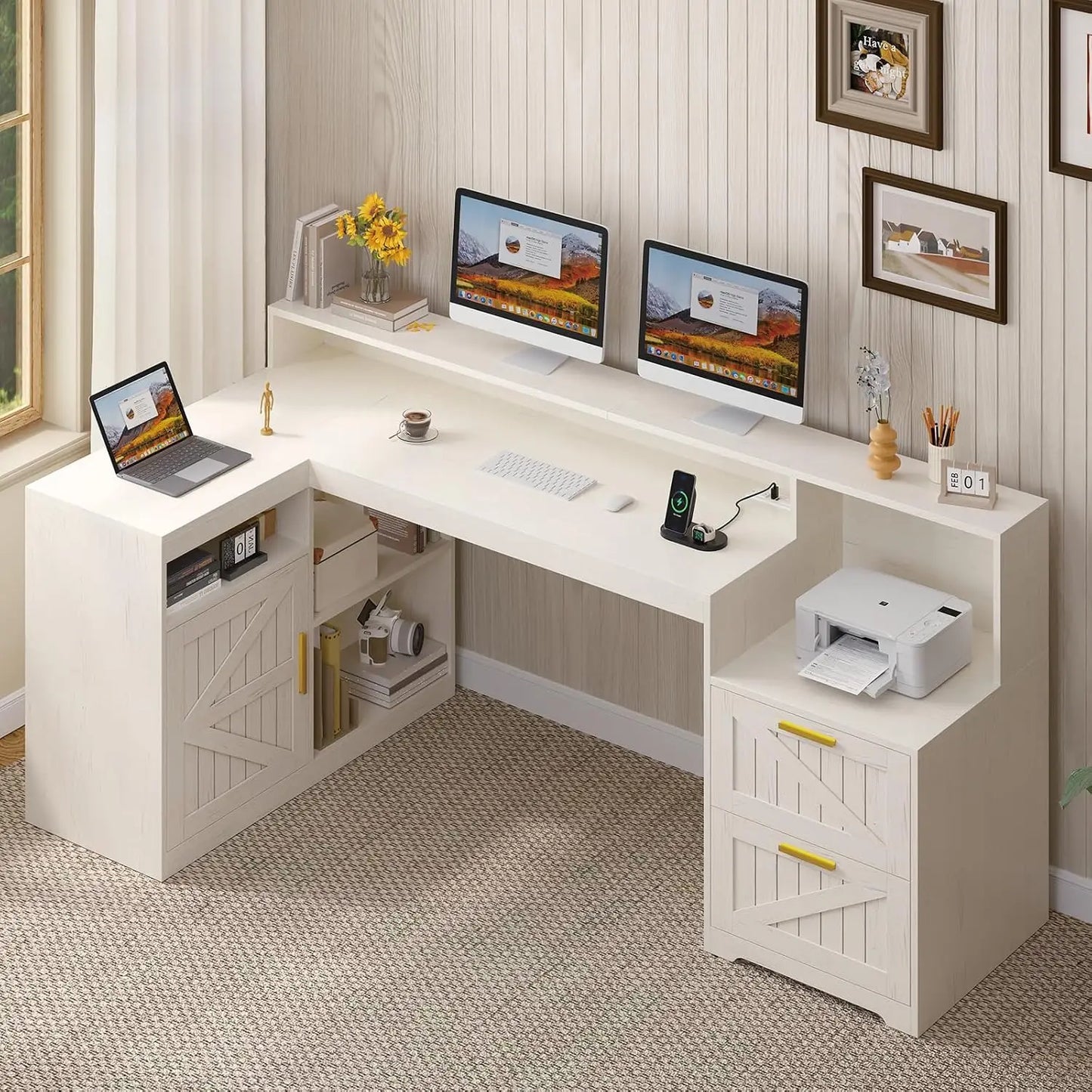 62.2" Farmhouse L Shaped Home Office Desk, Drawers, Storage Shelves & Power Outlet