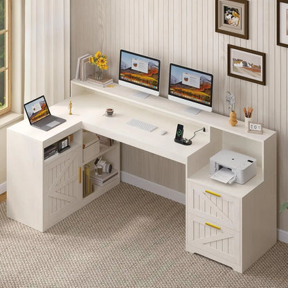 62.2" Farmhouse L Shaped Home Office Desk, Drawers, Storage Shelves & Power Outlet