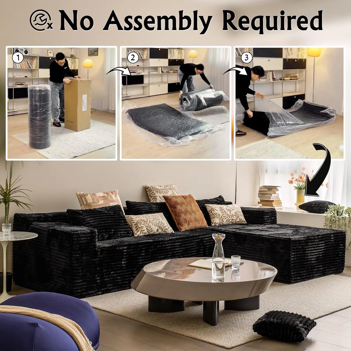 Black Corduroy Couch for Living Room ，104" Cloud Sectional Couch with L-Shape Chaise， Modern, Customized