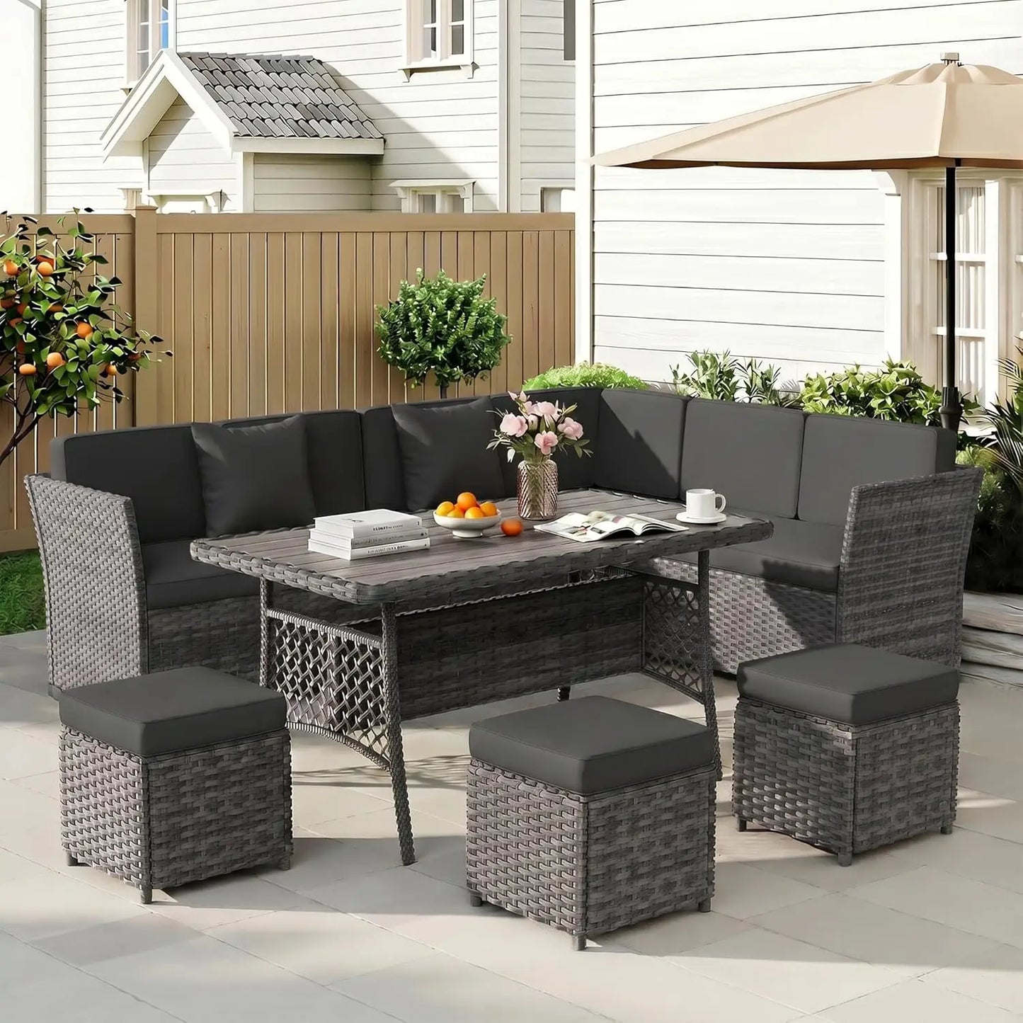 7 Pieces Patio Furniture Set, Wicker Conversation Set with Dining Table, Chairs and, Customized