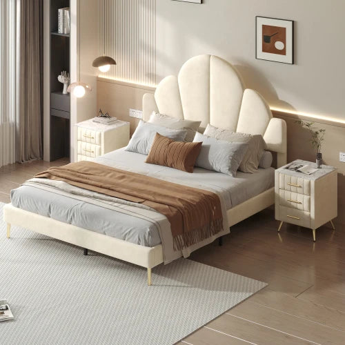 3 Piece Bedroom Set, Queen Size Modern Velvet Upholstered Bed Frame with Petal Shape Headboard, 3 Drawers Nightstands, Beige