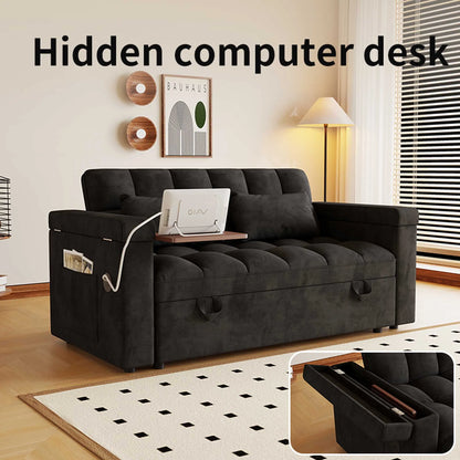 3-in-1 Foldable Velvet Sofa Bed with USB Charging Port, Table Board and Storage Armrests, Adjustable Backrest Sleeper Couch for Living Room Apartment Guest Room, Black