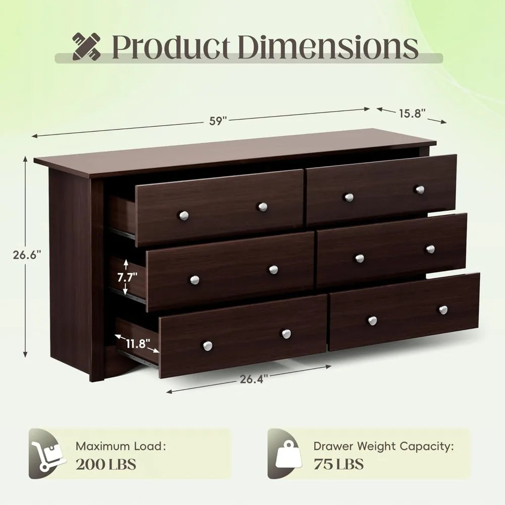 Dresser for Bedroom, 6 Wood Dresser Drawers, Bedroom or Living Room