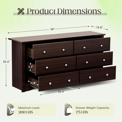 Dresser for Bedroom, 6 Wood Dresser Drawers, Bedroom or Living Room