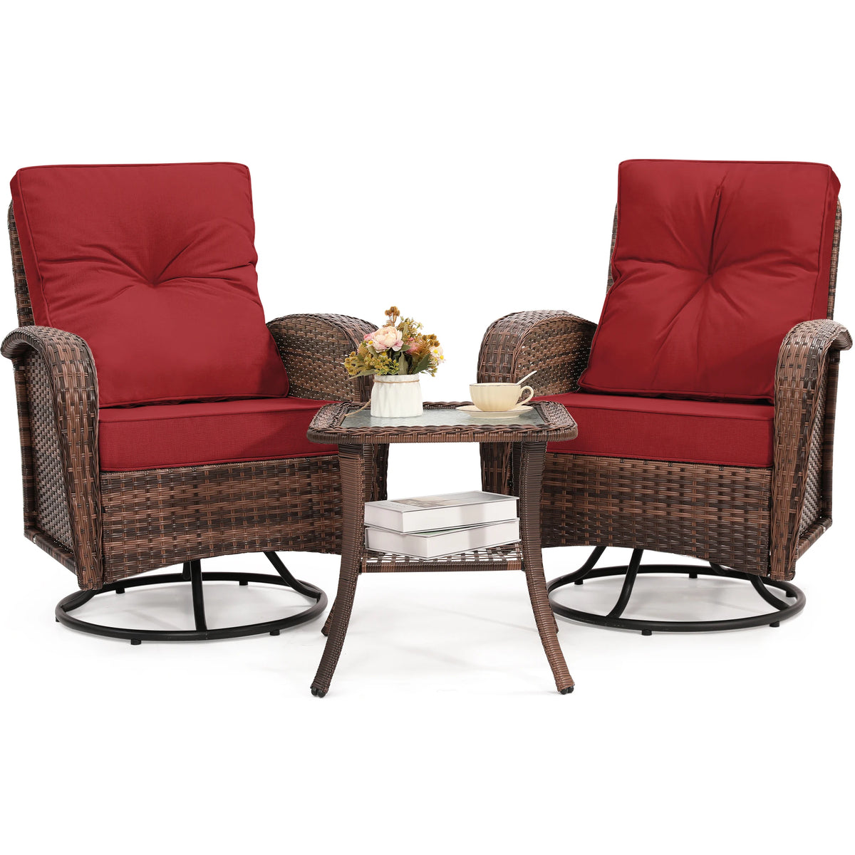 Swivel Wicker Chairs With Side Table Outdoor Patio Furniture Set Washable Thick Cushion For Balcony Deck Garden