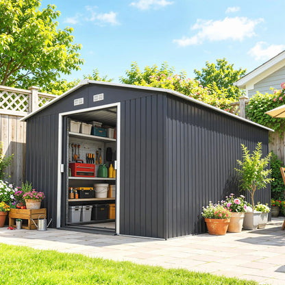 11' x 9' Steel Outdoor Utility Storage Tool Shed Kit for Backyard Garden, Grey