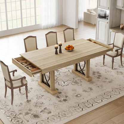 71 Inch Dining Table For 6-8, Large Rectangular Kitchen Table With 2 Storage Drawers, Double Pedestal Wood Table For Dining Room