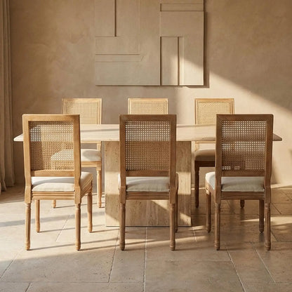 Vintage French Country Dining Chairs Set of 6, Rattan Dinning Chair with a Round Back, Olive Green Cane Dining, Customized