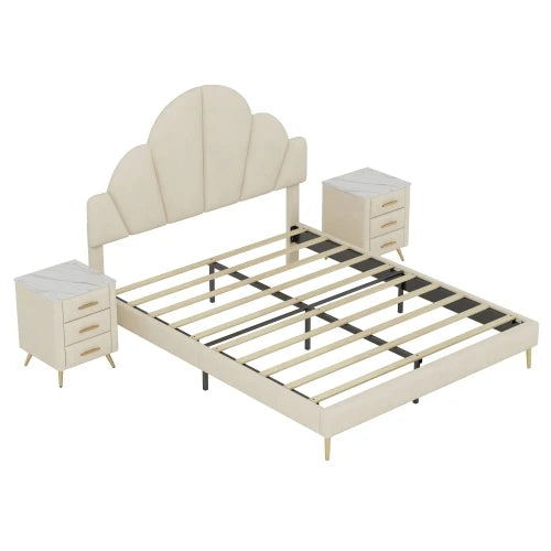 3 Piece Bedroom Set, Queen Size Modern Velvet Upholstered Bed Frame with Petal Shape Headboard, 3 Drawers Nightstands, Beige