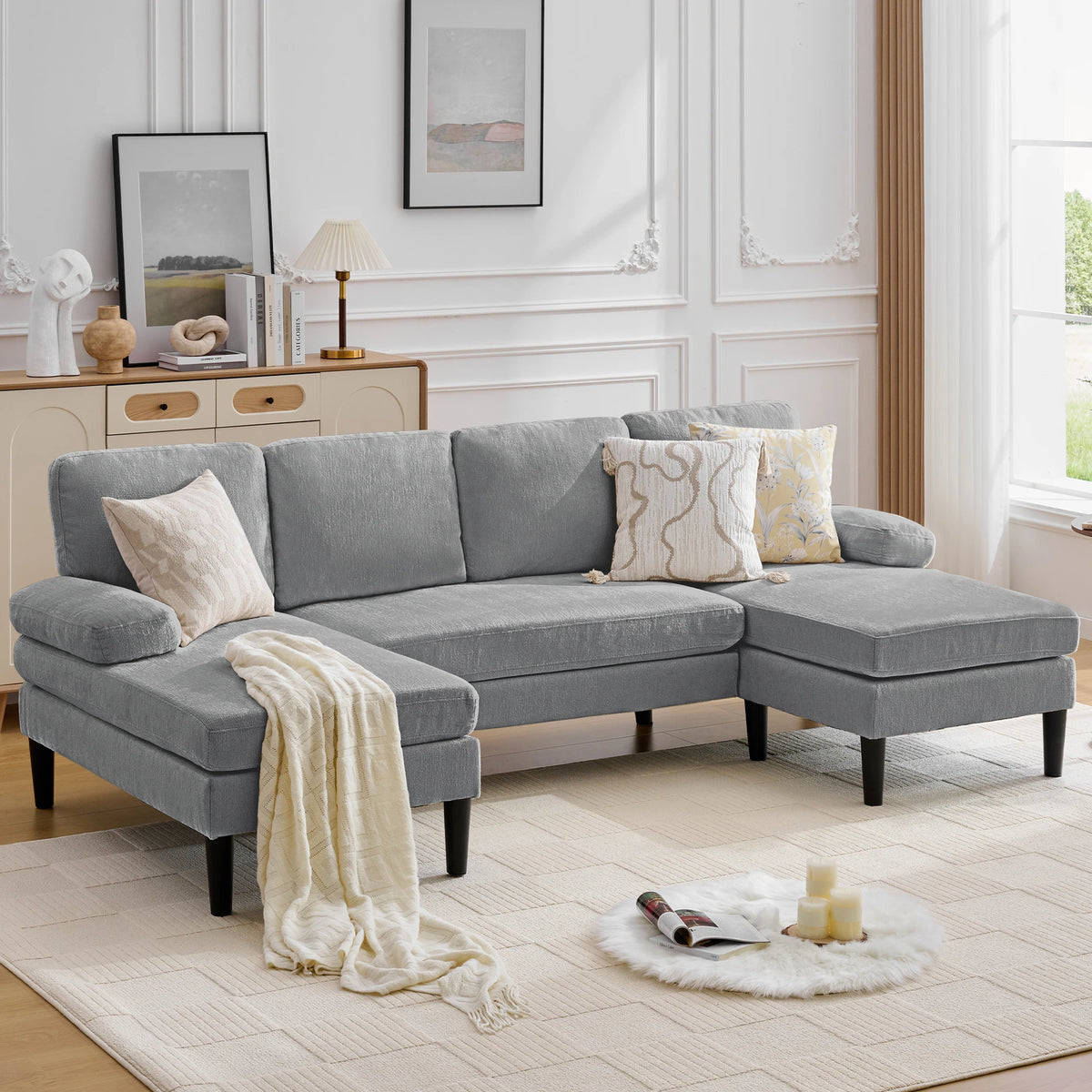 U-Shaped Sectional Sofa 4 Seater Lounge Sleeper with Removable Cushions Upholstered Couches for Living Room