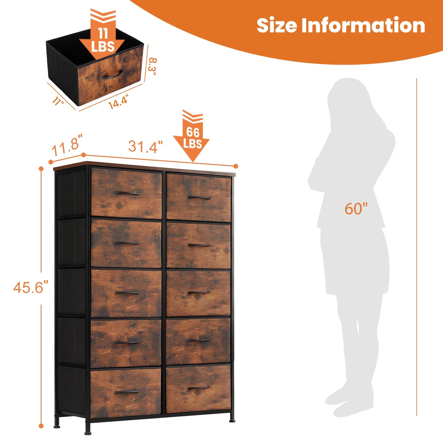 Bedside Steel Frame Wardrobe  With 10 Fabric Drawers