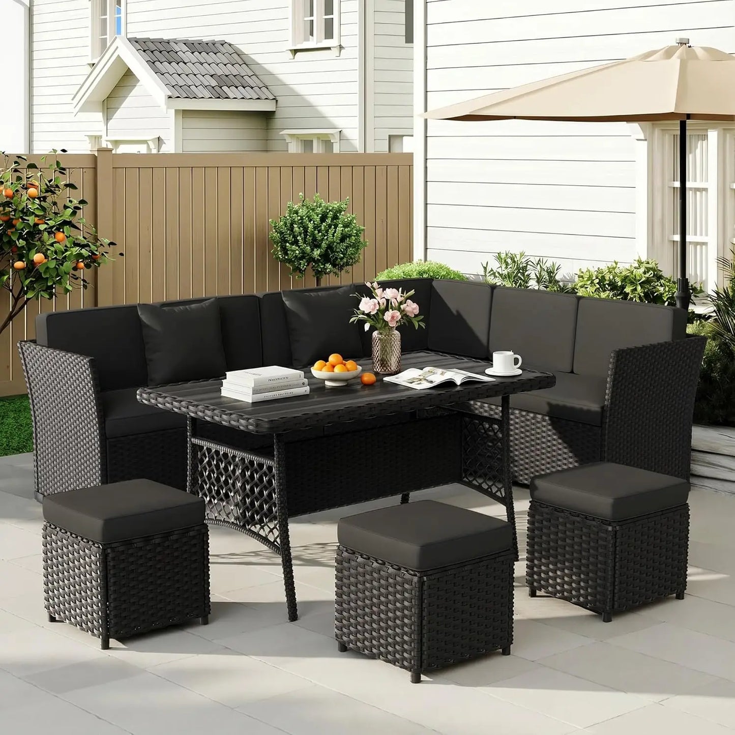7 Pieces Patio Furniture Set, Wicker Conversation Set with Dining Table, Chairs and, Customized
