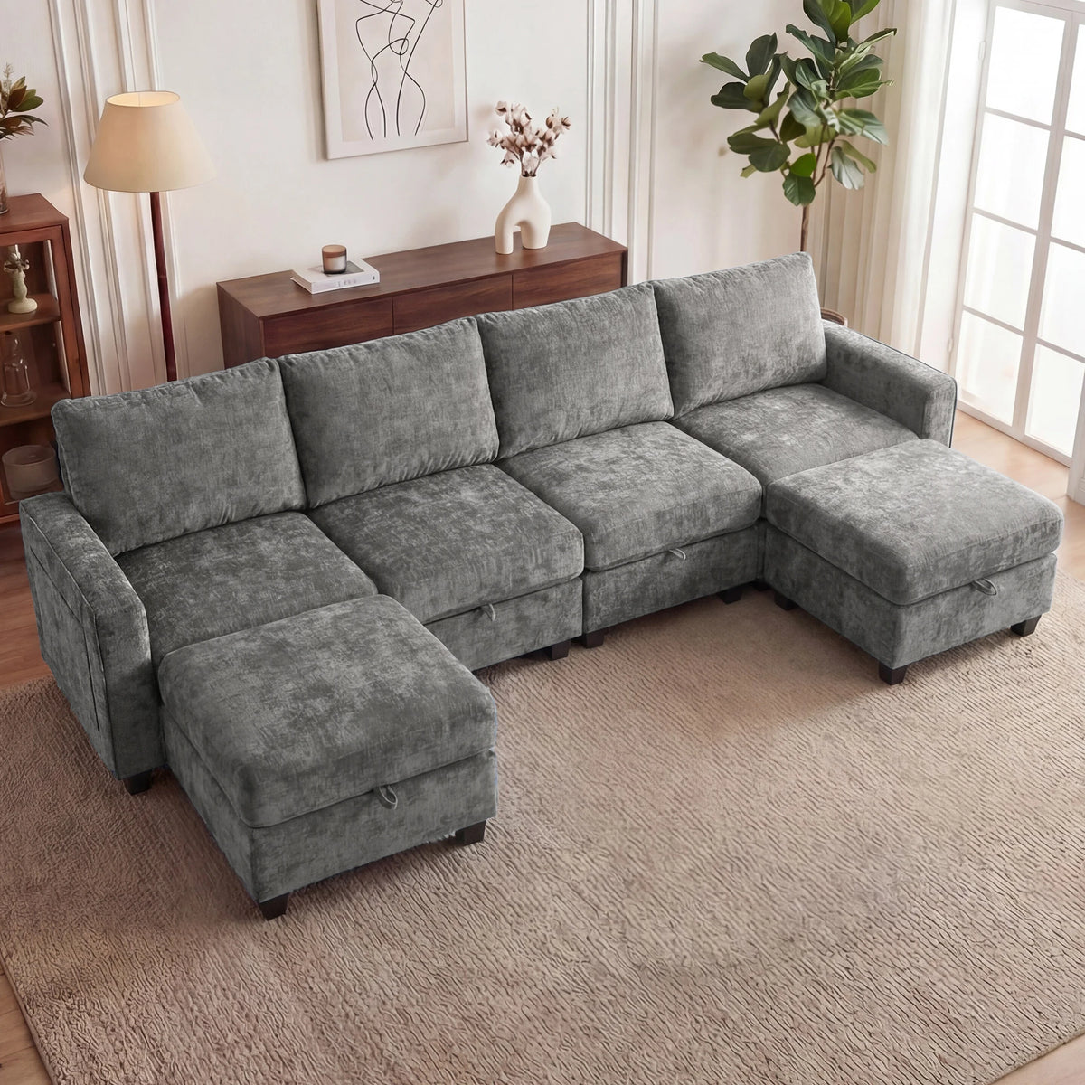 Modular Sectional Sofa Set with 2 Ottomans, U Shaped Convertible Couch with Storage, 4 Seat Convertible Sectional Couches for Large Living Room, Cloud-Like Comfort