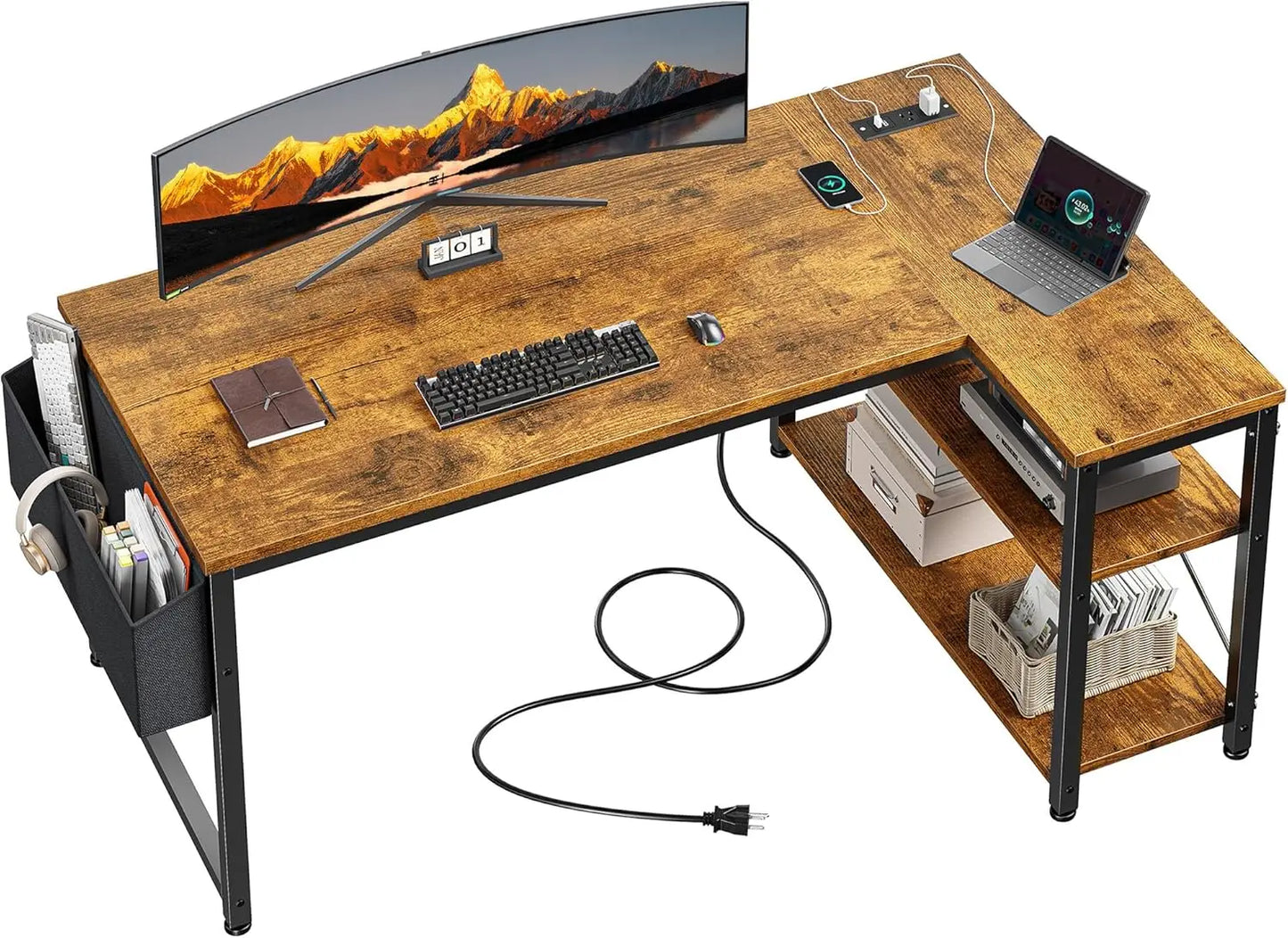 40" White L Shaped Corner Desk with Storage Shelves Side  Power Outlets