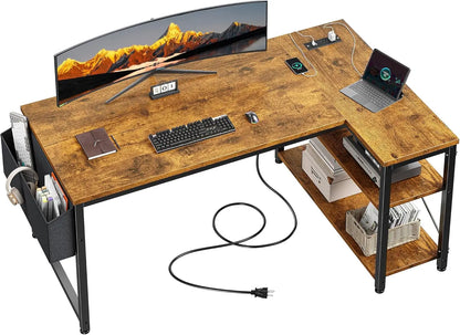40" White L Shaped Corner Desk with Storage Shelves Side  Power Outlets