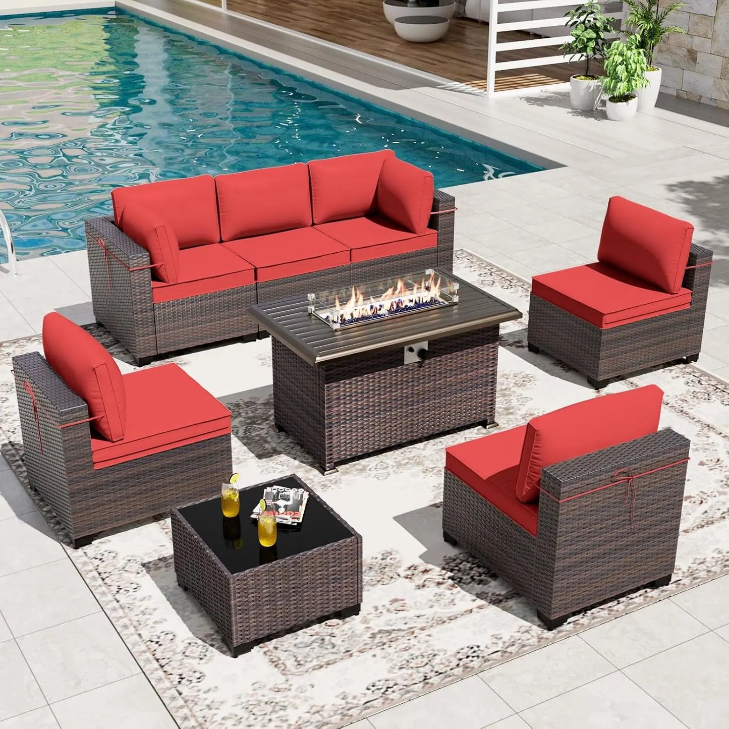 8 Pieces Patio Furniture Set with Fire Pit Table, All Weather Rattan Outdoor Furniture with 29.5'' High Backrest, Customized