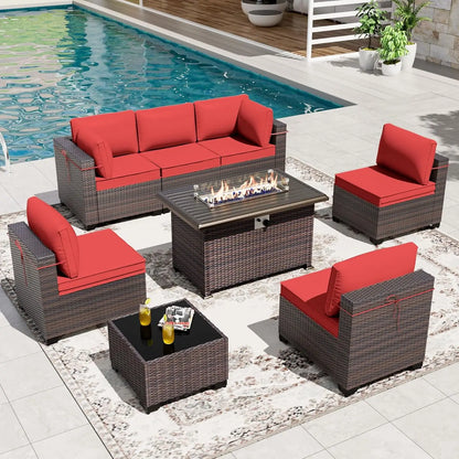 8 Pieces Patio Furniture Set with Fire Pit Table, All Weather Rattan Outdoor Furniture with 29.5'' High Backrest, Customized