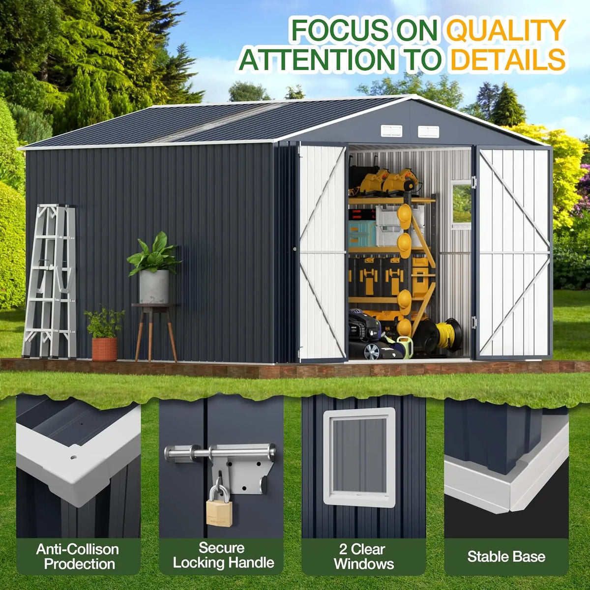 Outdoor Storage Shed 10 X 12 Ft.  with Lockable Doors, Windows for Patio