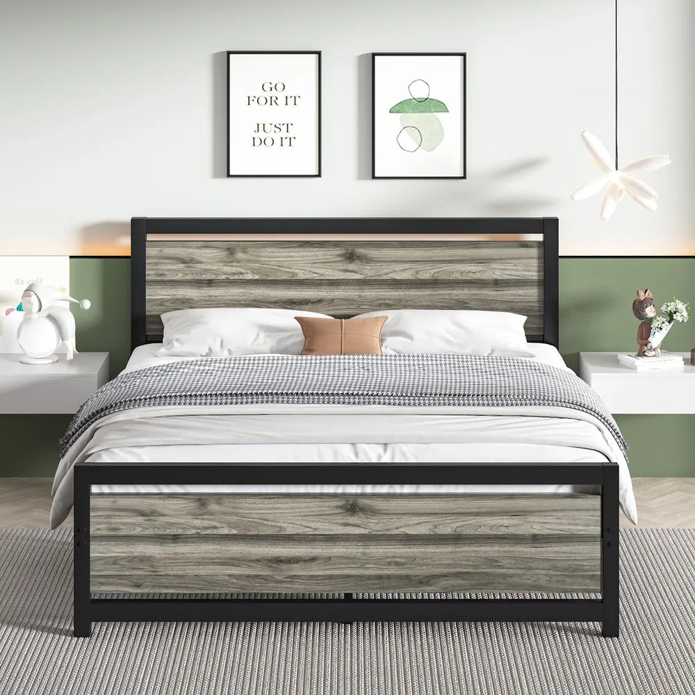 Queen Size Metal Platform Bed Frame with Headboard, 10.5 Inch Underbed Storage Clearance, Heavy Duty Steel Slat Support, No Box Spring Required, Easy Assembly