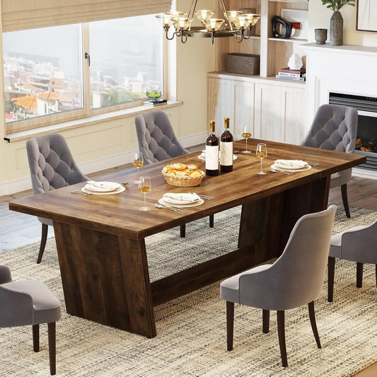 Rectangular Rustic Long  Farmhouse Kitchen Table with Solid Pedestal for Big Family