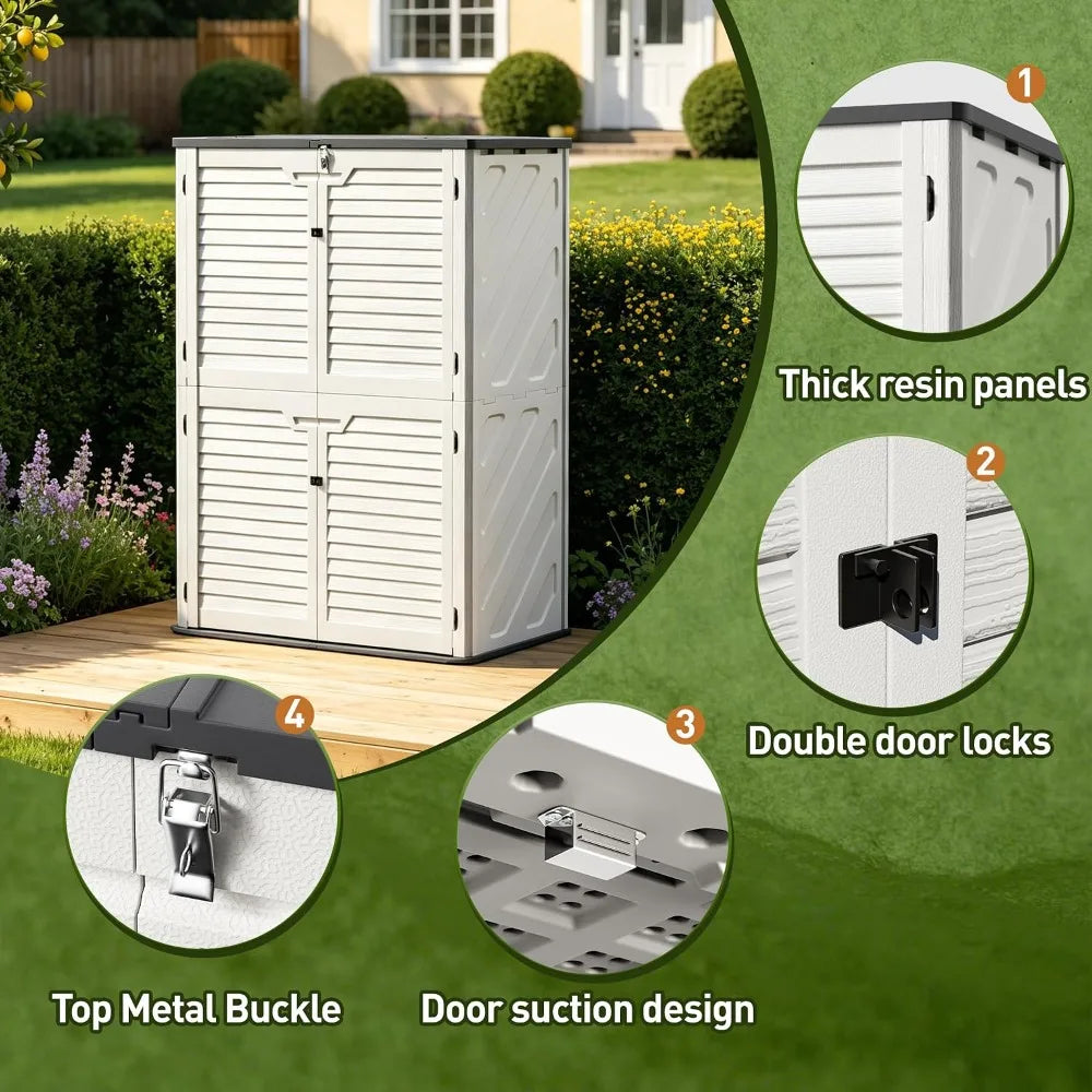 65 Cu.Ft Resin Outdoor Storage Shed with Floor, Weatherproof Plastic Vertical Cabinet for Garden
