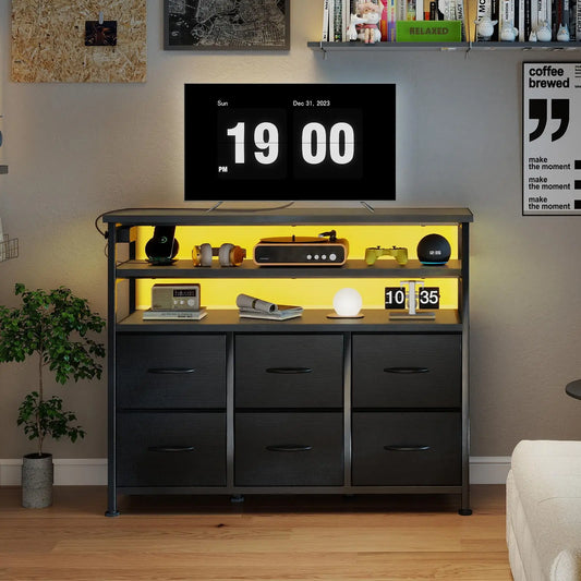 TV Stand Dresser For Living Room With 6 Fabric Drawers