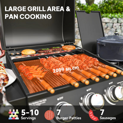 3 Burner Gas Grill with Side Burner and Shelves, Propane BBQ Grill