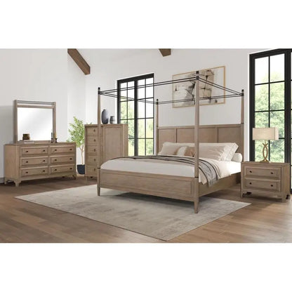 Queen Canopy Bed Set with 2-Drawer Nightstand, Modern Dresser with Poster Mirror, and Storage Chest