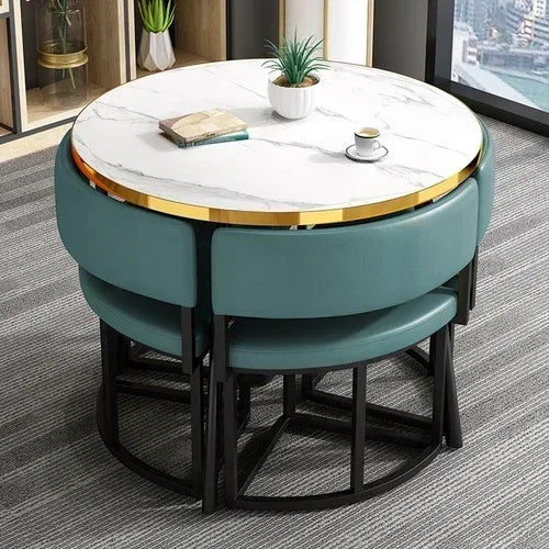 Round Luxury White Mobile Dining Table  Set with 4 Chairs