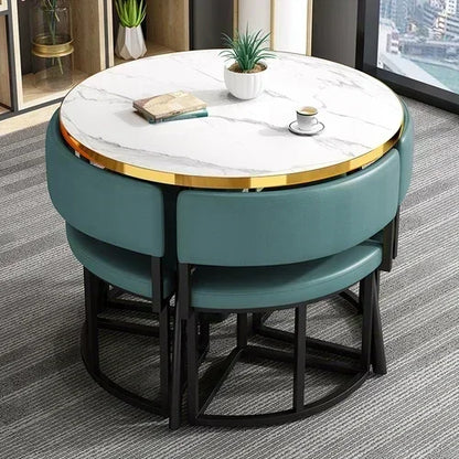 Round Luxury White Mobile Dining Table  Set with 4 Chairs
