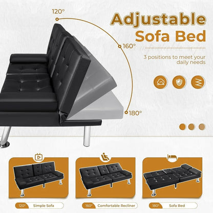 Futon Sofa Bed  Faux Leather Couch for Living Room with 2 Cup Holders and Armrest