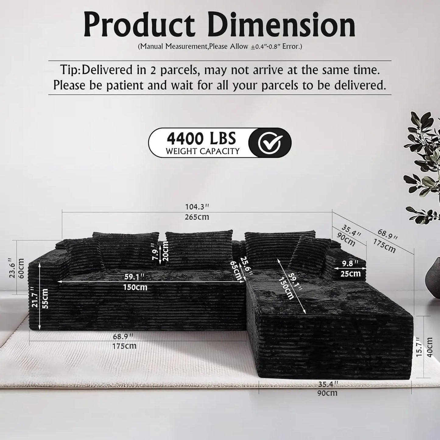 Black Corduroy Couch for Living Room ，104" Cloud Sectional Couch with L-Shape Chaise， Modern, Customized