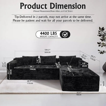 Black Corduroy Couch for Living Room ，104" Cloud Sectional Couch with L-Shape Chaise， Modern, Customized