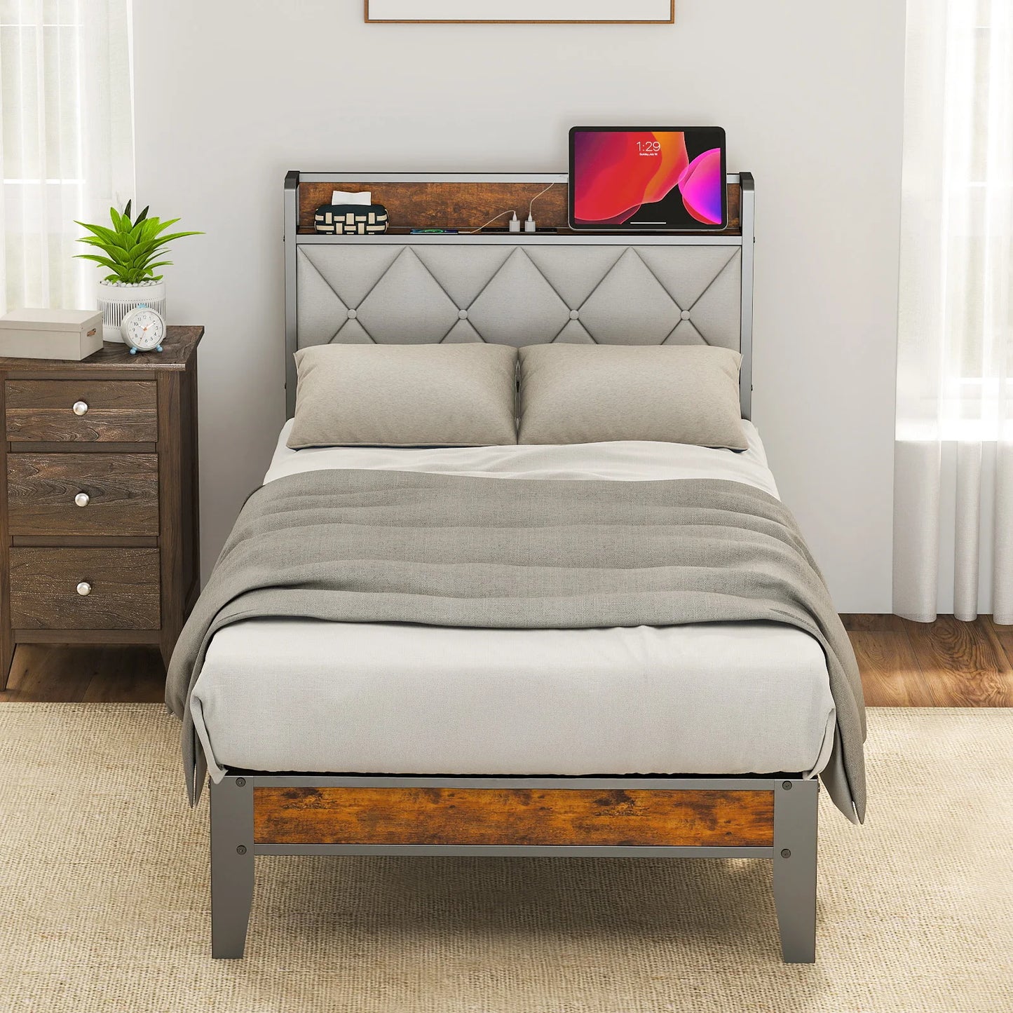 Twin Size Metal Bed Frame with Storage Headboard No Box Spring Needed Easy Assembly Durable Squeak-Free Frame With USB Charging Station For Home Bedroom