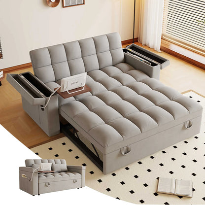 3-in-1 Foldable Velvet Sofa Bed with USB Charging Port, Table Board and Storage Armrests, Adjustable Backrest Sleeper Couch for Living Room Apartment Guest Room, Black