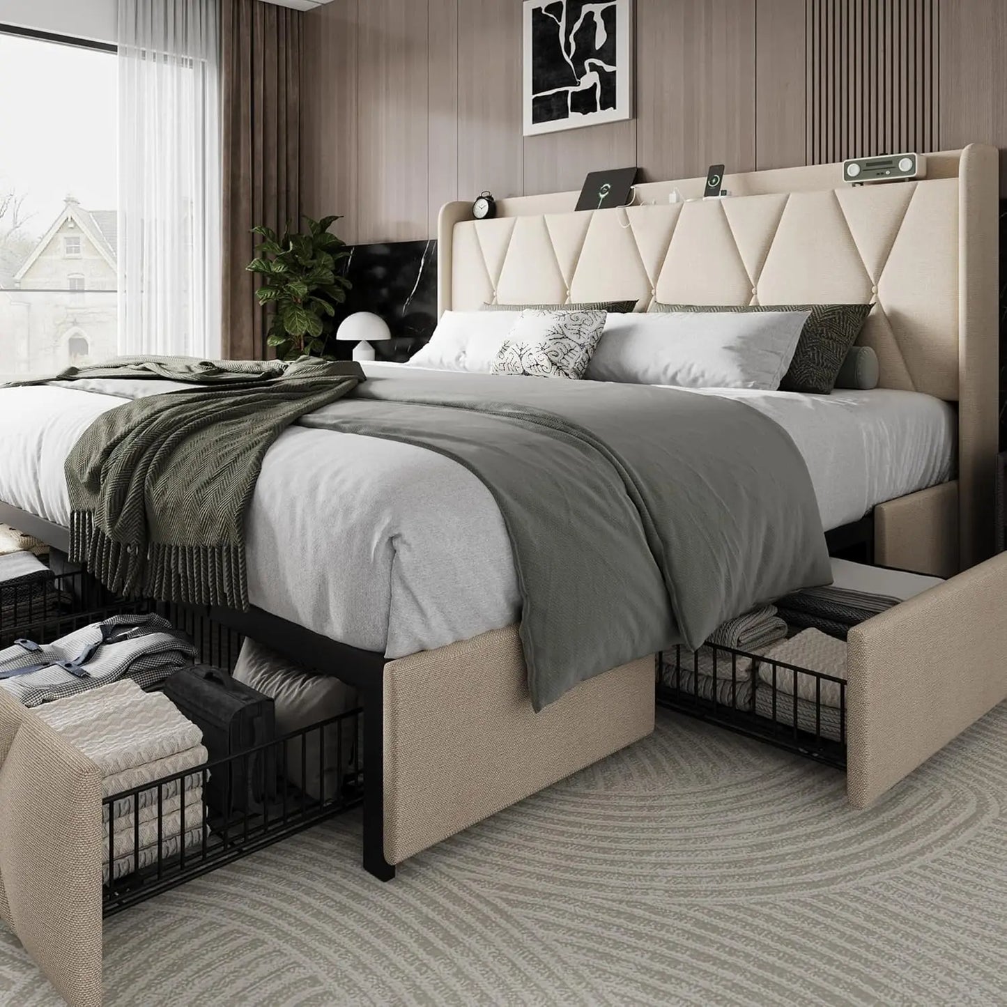 Upholstered Platform Bed Frame Frame with 4 Storage Drawers and Charging Station