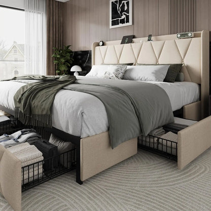 Upholstered Platform Bed Frame Frame with 4 Storage Drawers and Charging Station