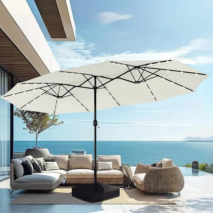 15ft Large Patio Umbrella with Solar Lights, Double-Sided Outdoor Market Rectangle Umbrellas with 36 LED Lights, Umbrella Base