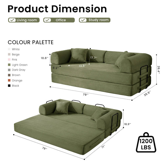 79’’ Folding  Corduroy Upholstered Convertible Sofa Bed  Boneless Couch