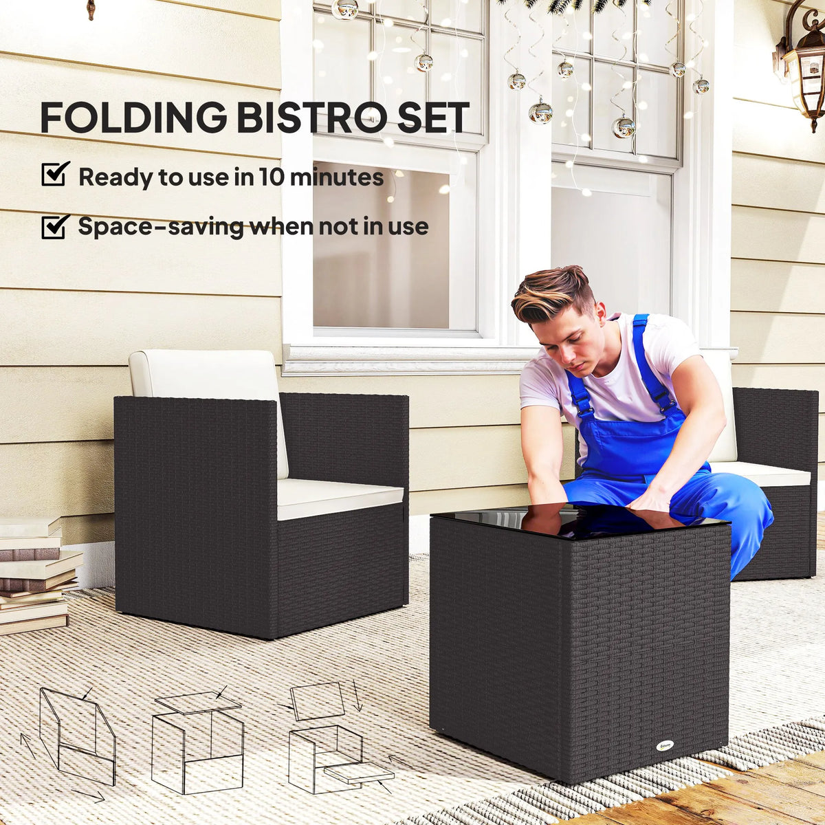 3 Piece Folding Wicker Bistro Furniture Sets, Brown