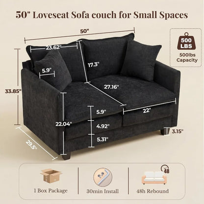 50" Loveseat Sofa, Cloud Cushion, Deep Seat, Modern Couch with Pillows, for Small Spaces, Black