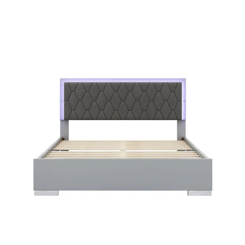 4-Pieces Bedroom Sets Queen Size Upholstered Bed with LED Lights, Mirrored Nightstands and Dresser with Metal Handles and Legs